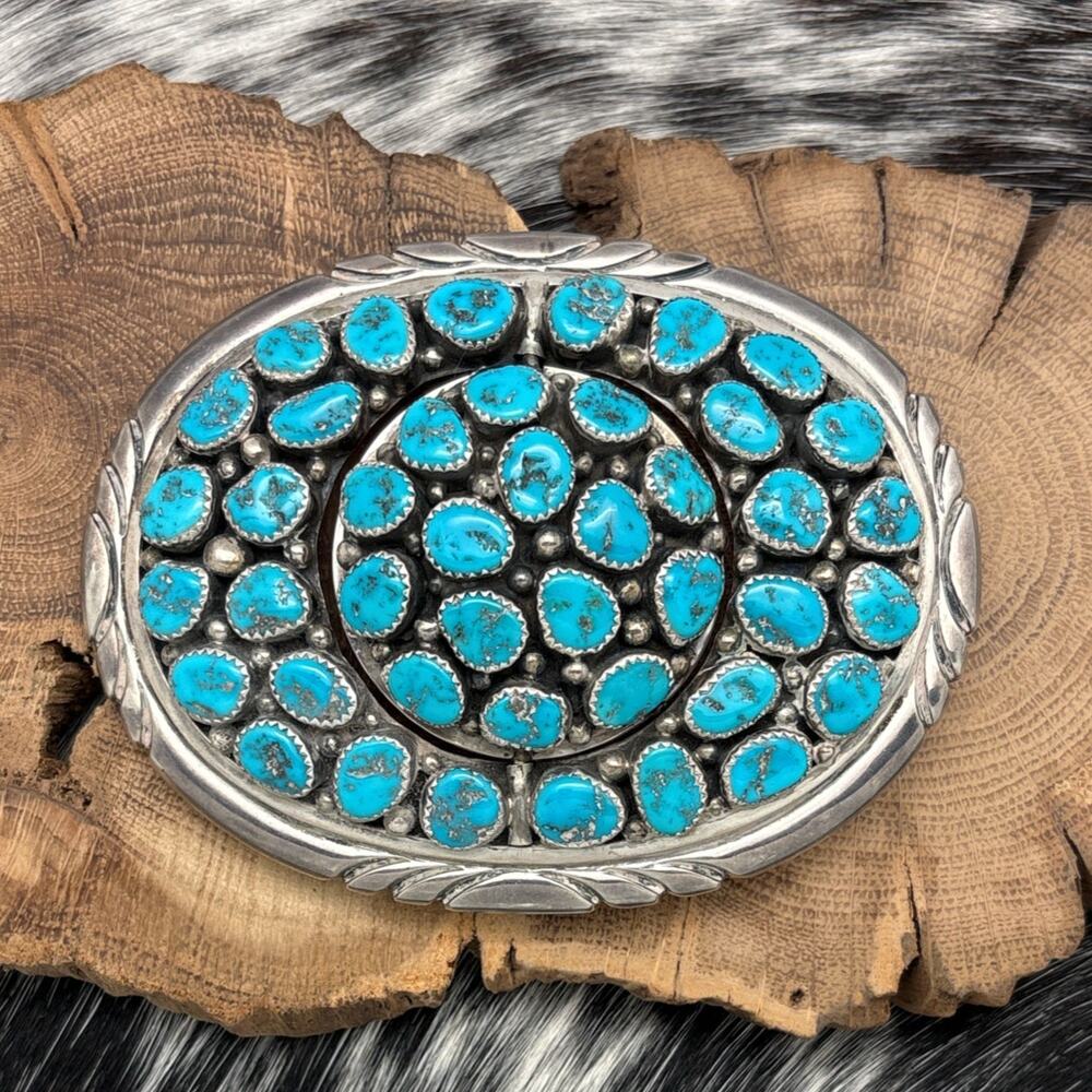 1970s Native American NAVAJO Sterling Turquoise Coral Cluster Belt Buckle Spins - Picture 2 of 3